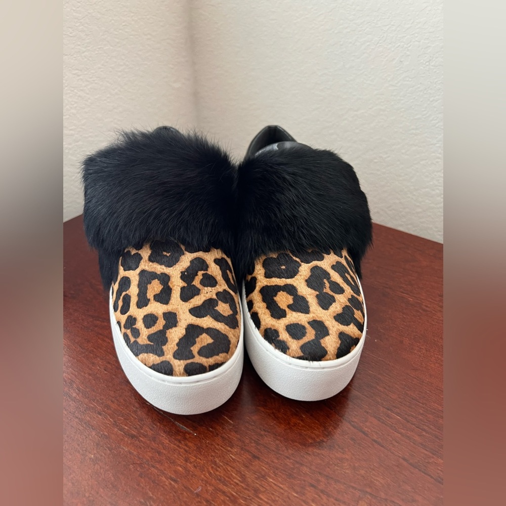 MICHAEL Michael Kors Leaopard Black Fur Trim Slip On Sneakers, Size 7, NWT